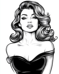 Alluring woman with wavy hair and an enigmatic smile, wearing a modern cocktail dress with shimmering details, engraving and scratch board style sketch, black and white illustration