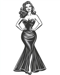 Alluring woman with wavy hair and an enigmatic smile, wearing a modern cocktail dress with shimmering details, engraving and scratch board style sketch, black and white illustration