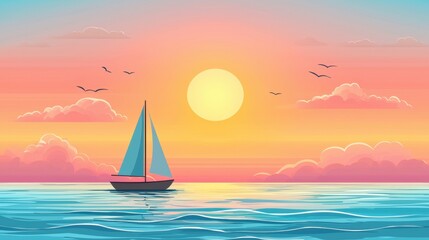 Fototapeta premium Serene Small Sailboat on Calm Sea at Sunset with Soft Waves and Vibrant Sky Colors