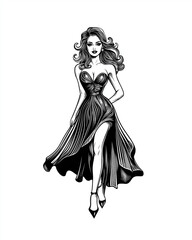 Alluring woman with wavy hair and an enigmatic smile, wearing a modern cocktail dress with shimmering details, engraving and scratch board style sketch, black and white illustration