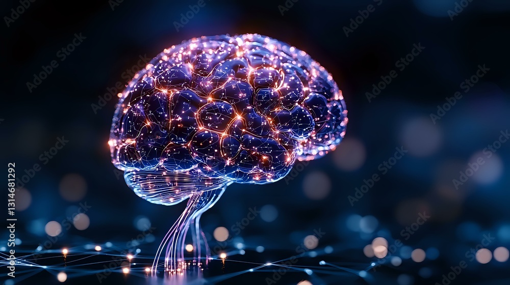 Poster glowing digital brain with neural network connections on dark background, illuminated by blue and pu