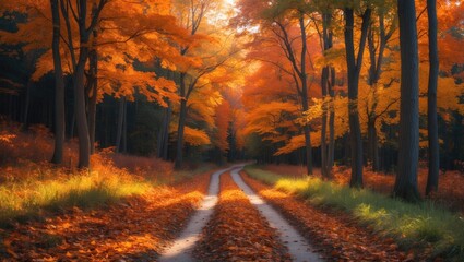 Obraz premium Autumn forest landscape featuring a path of fallen leaves and warm light highlighting the golden foliage. Footpath in autumn forest nature scene. Bright day in a vibrant forest with a pathway surro...