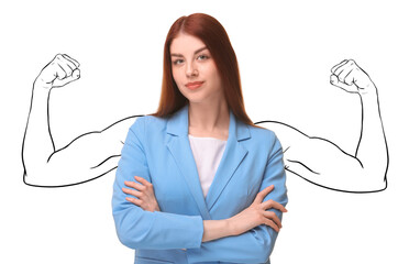 Confident business woman with drawing of strong arms behind her on white background
