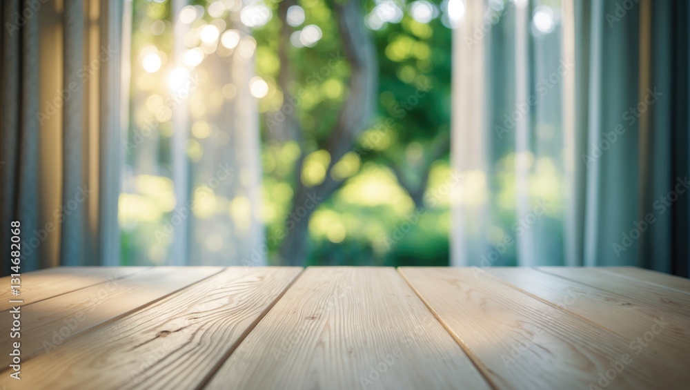 Poster empty wooden table surface with a blurred curtain and a view of greenery from a tree garden in the b