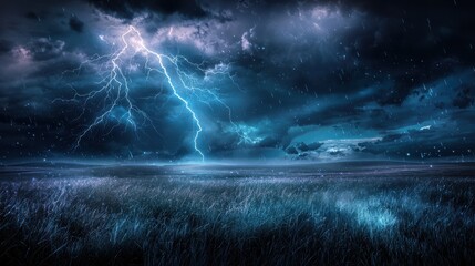 Fototapeta premium Thunderstorm lightning strike open field nature scene dramatic sky
