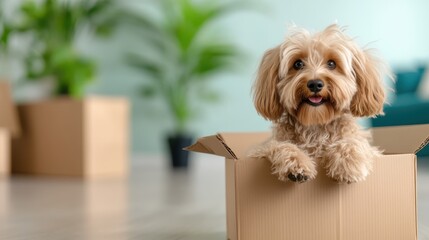 Fototapeta na wymiar A joyful golden dog pops out of a cardboard box in a stylish room, embodying happiness and playfulness, surrounded by vibrant plants and moving boxes.