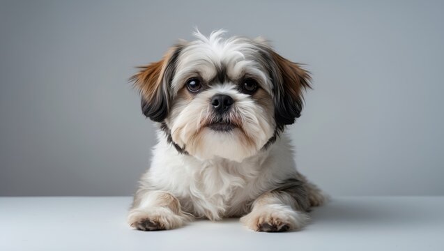 Portrait of a humorous young shih tzu breed dog with a chalkboard on a white isolated studio background.