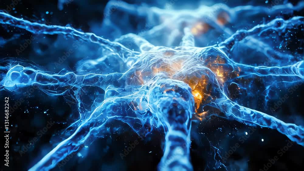 Poster abstract 3d rendering of a glowing blue neuron network representing artificial intelligence