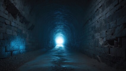 Obraz premium Bright blue exit seen from dark, abandoned tunnel.