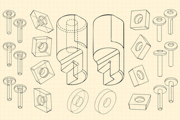 Mechanical engineering drawings on sepia background. Cutter, assembly tool with replaceable multi-faceted plate. Technical Design. Cover. Blueprint. Vector illustration.