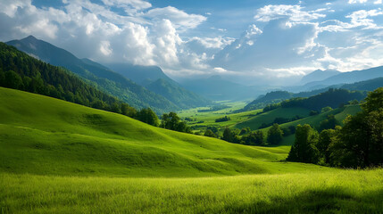 Obraz premium Lush Green Valley and Rolling Hills in the Alps under a Cloudy Blue Sky during Springtime in Europe