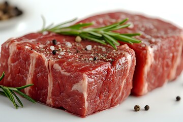 Fototapeta premium Raw beef tenderloin steaks seasoned with peppercorns and fresh rosemary sprigs on white surface, close up view showing marbling and texture of premium cut meat.