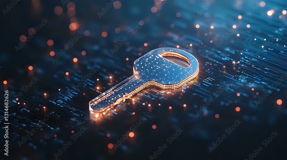 Poster glowing digital key on circuit board with bokeh light effects, representing cybersecurity and data p