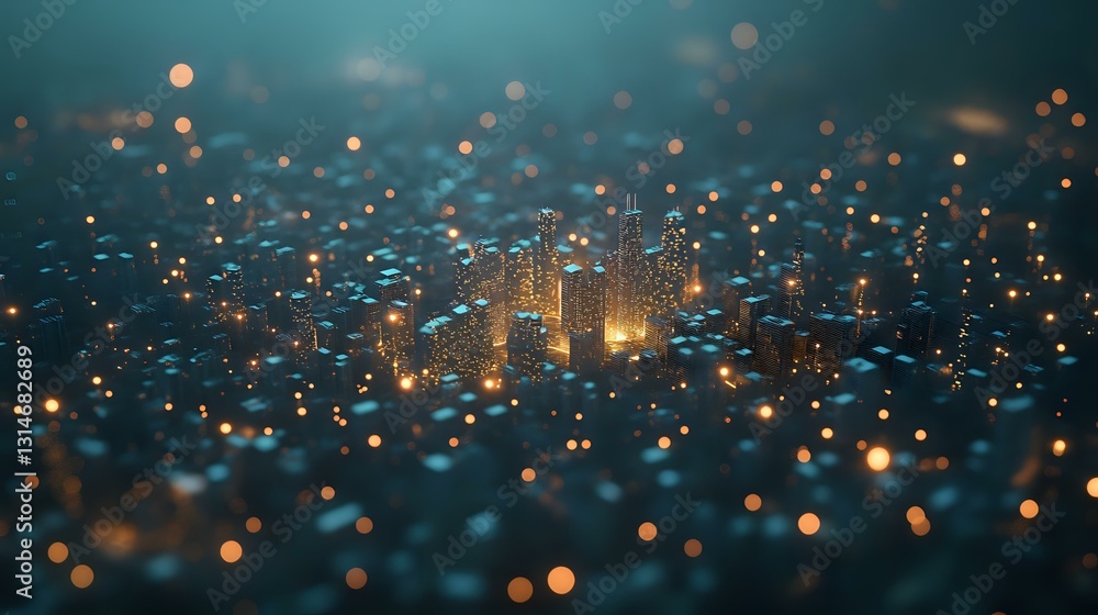 Aufkleber glowing cityscape with illuminated skyscrapers emerging through magical bokeh lights creating dreamy