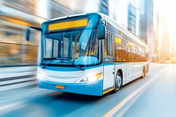 Modern city bus with a sleek white and blue design speeding through an urban environment, surrounded by motion blur and sunlight reflections. The dynamic perspective highlights efficient public transp