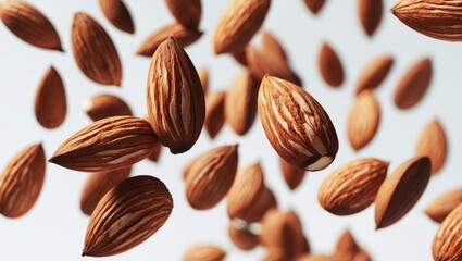 Fresh, raw, uncut almonds suspended in the air, isolated on a white background. Close-up of the almond concept.