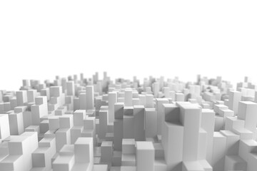 Abstract geometric cityscape with white cubes, minimalist urban design concept. 3d render.