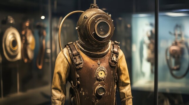 An antique diving suit displayed inside a glass exhibit case