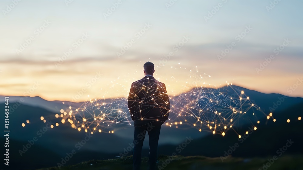 Poster silhouette of man against sunset sky with glowing network visualization overlay, mountains in backgr