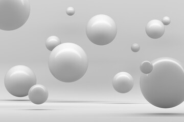 Abstract floating spheres on minimalist gray background. 3d render.
