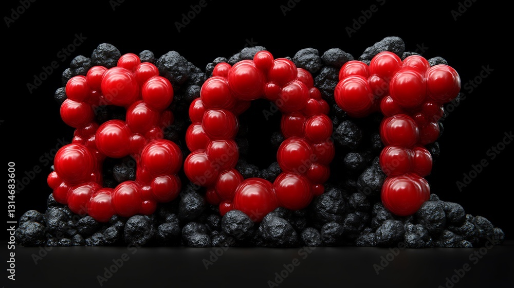 Poster abstract 3d render with red spheres forming digits 207 on black background