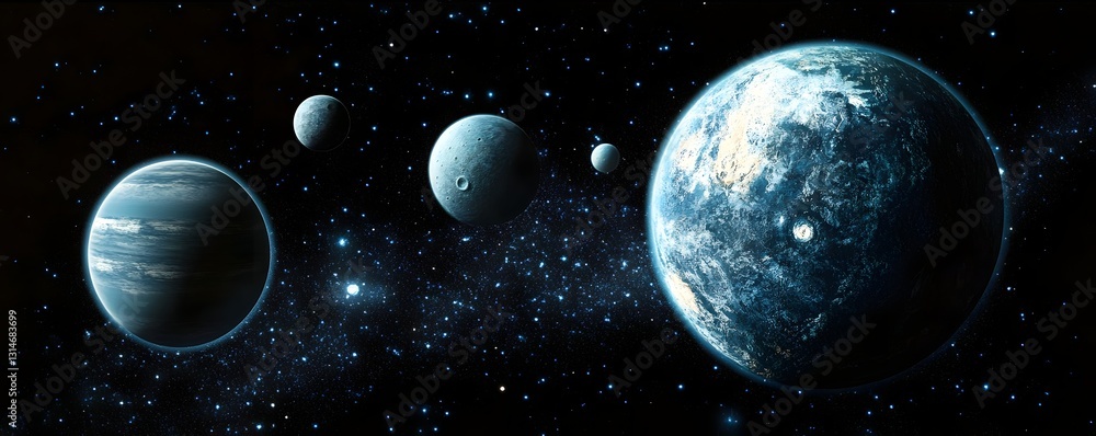 Wall mural an exoplanet with multiple moons in the sky