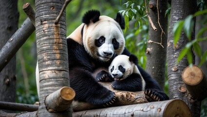 Obraz premium Giant Panda. A mother panda with her small baby panda, an endangered species and protected. Selective focus.