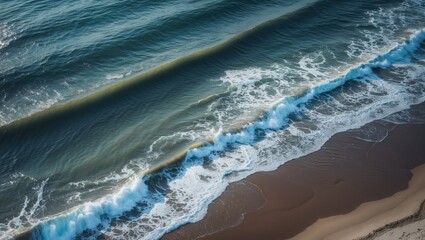 Waves of beautiful water on the beach as observed from above.