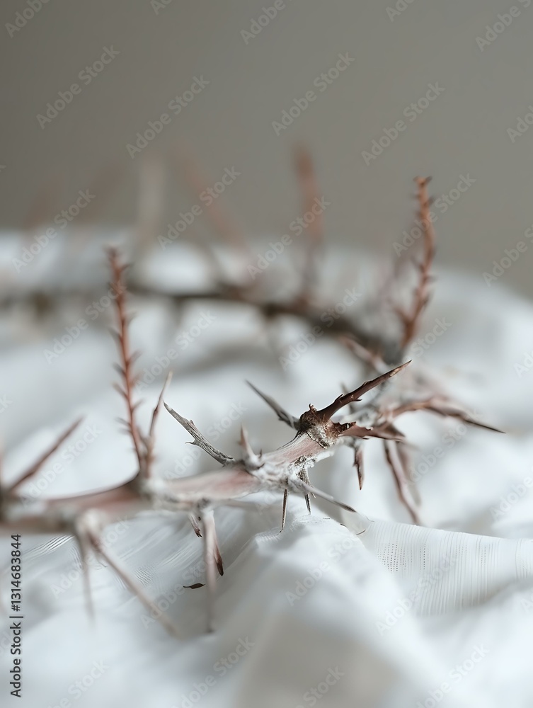 Poster Macro shot of sharp thorny branches with dramatic shadows on white fabric creating abstract minimalist composition with selective focus and soft bokeh effect.