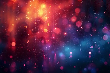 Abstract blurred bokeh lights in vibrant red, orange and blue colors creating magical atmosphere with glowing particles and sparkles. Suitable for festive backgrounds.