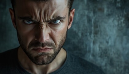 Obraz premium Close-Up Portrait Of An Angry Young Man On The Verge Of A Nervous Breakdown Against A Gray Wall, Depicting Negative Human Emotions.