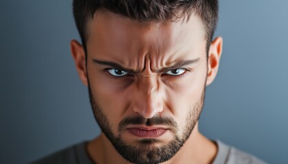 Obraz premium Close-Up Portrait Of Young Man On The Verge Of A Nervous Breakdown, Showing Negative Human Emotions On Gray Wall. Facial Expression Conveys Feelings And Attitude.