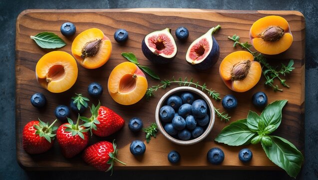 Fruits and vegetables displayed on a cutting board and countertop.