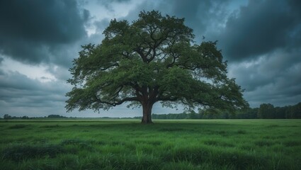 Obraz premium Stunning view of a tree located in the center of a green field beneath a cloudy sky.