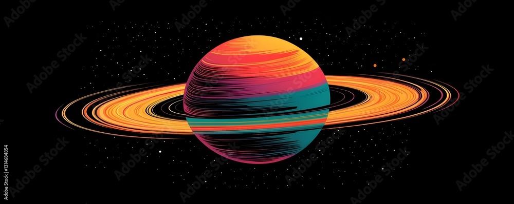 Aufkleber a planet with colorful rings orbiting in deep space