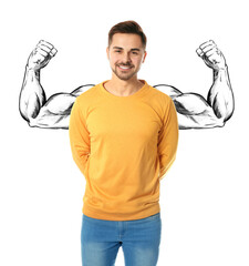 Confident man with drawing of strong arms behind him on white background