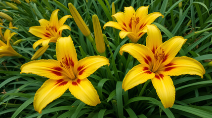 Bright yellow daylily flowers with red patterns in the center are seen blooming perfectly among dense green foliage. The long leaves surrounding the flowers add a fresh and natural feel.