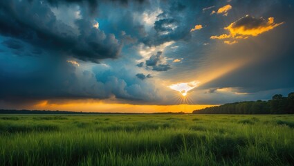 Fototapeta premium Stunning sky above a field following a thunderstorm.