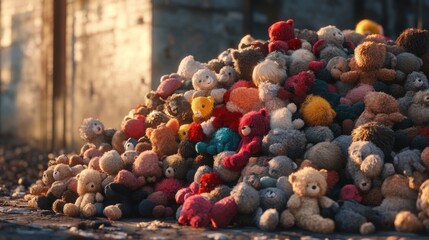 A heap of old plush toys in various bright colors lies scattered on the ground, slightly faded and used. 