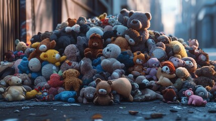 Obraz premium A pile of worn, colorful stuffed animals rests on the floor, showing signs of love and use over time. 