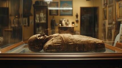 A preserved human mummy lies inside a glass display case