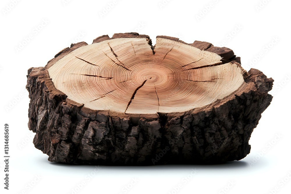 Aufkleber cross section of tree trunk showing annual growth rings and rough bark texture, isolated on white ba