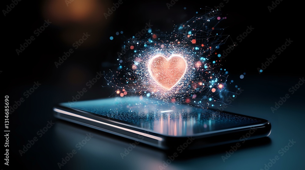 Poster glowing pink heart hologram floating above smartphone screen with sparkles and particles in dark atm