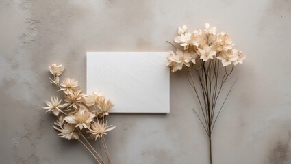 Mockup of a blank invitation or greeting card featuring dry botanical decor.