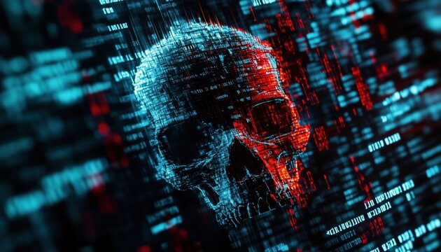 Looking At The Abstract Modern Tech Of Programming Code Screen With A Skull: Computer Virus, Malware, And Hacker Attack.