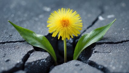 Fresh bright flower thriving from a dark crack in asphalt.