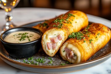 A close-up of crispy croquettes cut open to reveal creamy ham filling, served with a side of dipping sauce