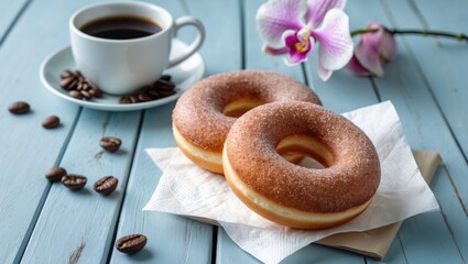Fresh donut presented with a cup of coffee on a table.