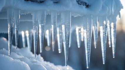 Beautiful, shiny, transparent icicles dangle on a bright day.