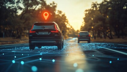 Autonomous car navigation on road with GPS signal, sunset background